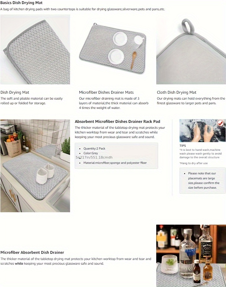 Microfiber Dish Drying Mat,Absorbent Dish Drainer Kitchen Counter,Super  Absorbent Dish Drying Pads 