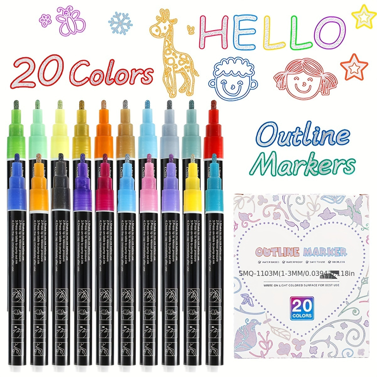 Super Squiggles Outline Shimmer Markers Set of 12: Double Line Outline  Metallic Markers Pens Art, Glitter Markers for Kids Journal