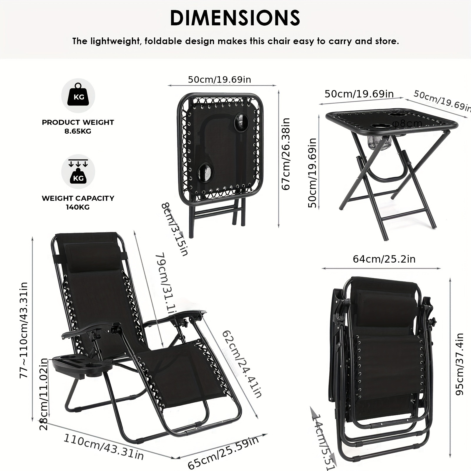 Chaise pliante avec table, chaise longue avec table de côté, chaise de pont avec dossier réglable, chaise de jardin avec porte-gobelet, chaise de jardin respirante, chaise de plage, noir, 2 chaises + 1 table