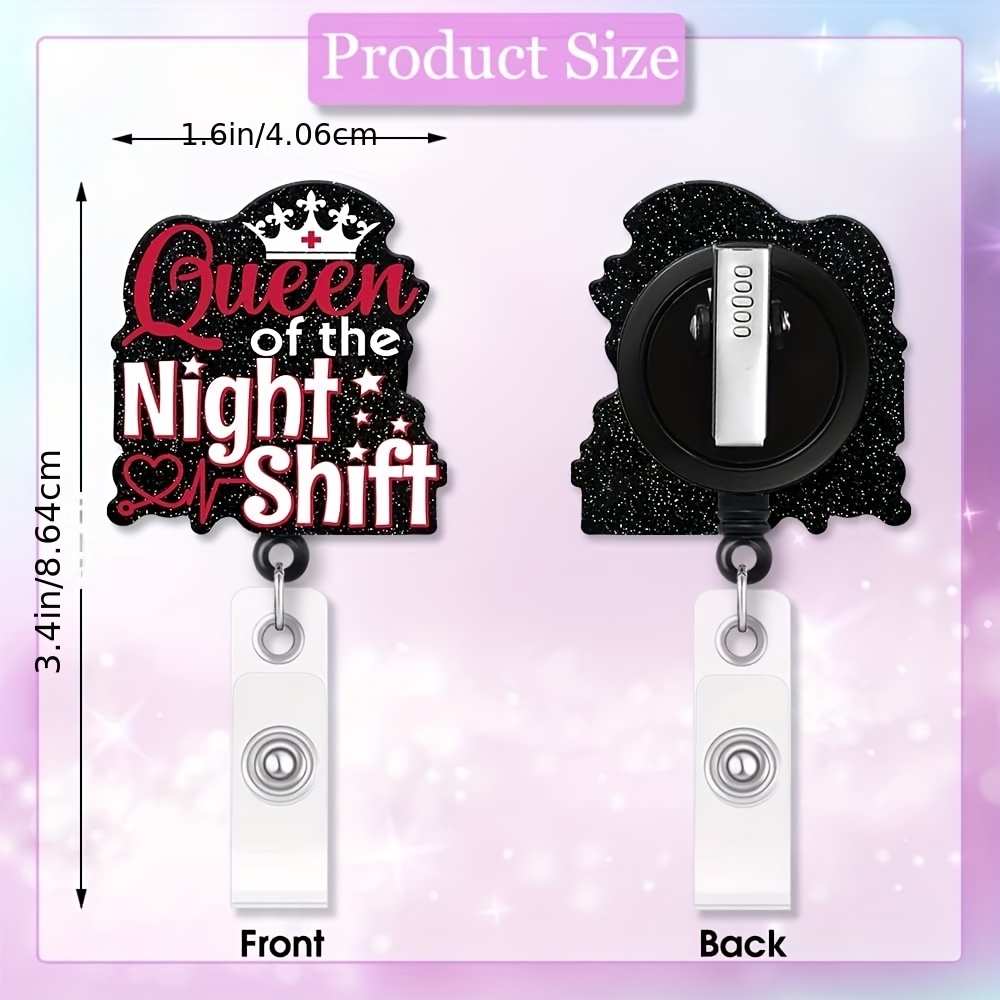 ERHACHAIJIA,Target,Queen of The Night Shift Retractable Black Glitter Badge Reel with Alligator Clip, Funny ID Card Badge Holder Gift for Nurses