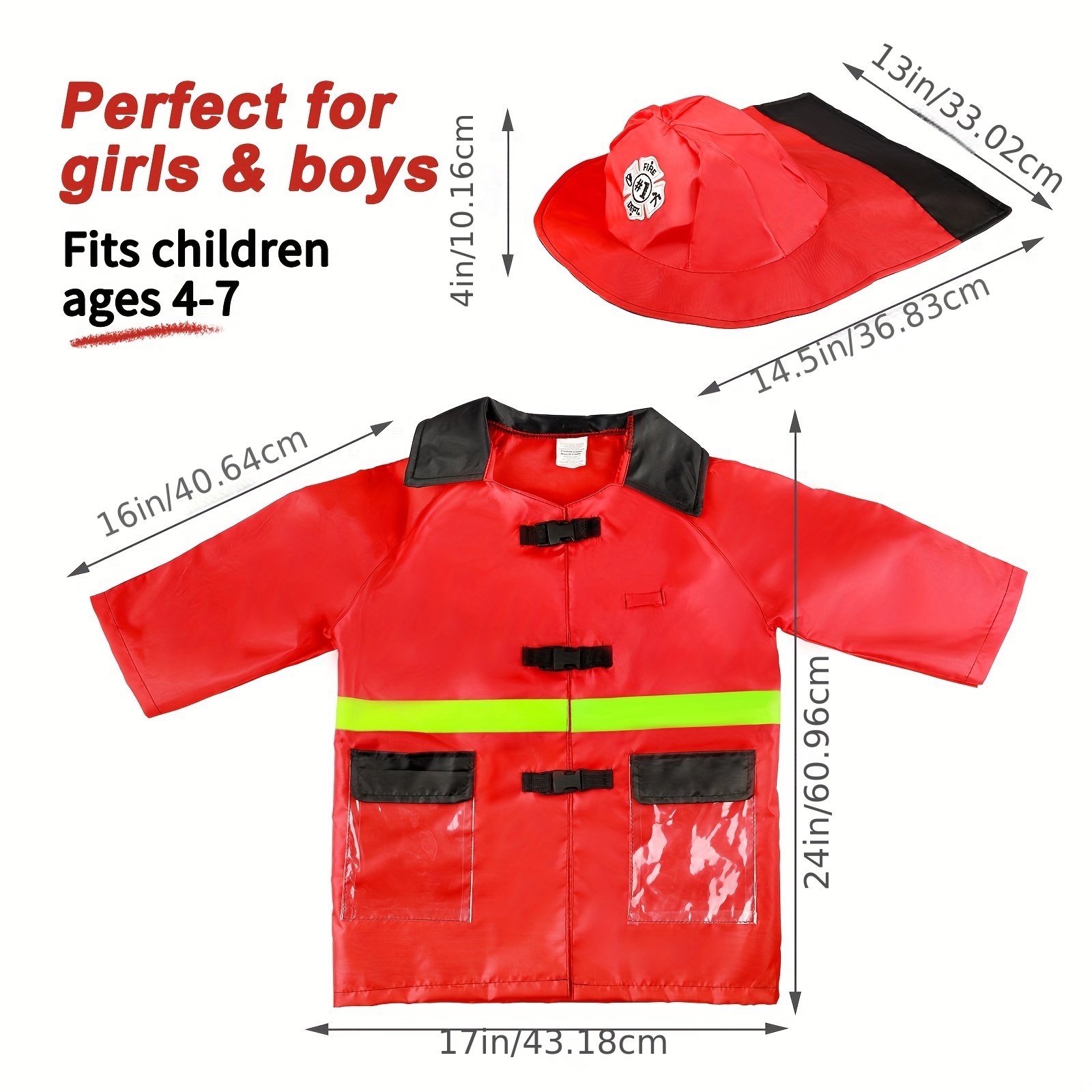 Disfraz de bombero para niños, disfraz de bombero para Halloween, disfraz  con sombrero rojo de bombero y chaleco, herramientas de juguete para niños