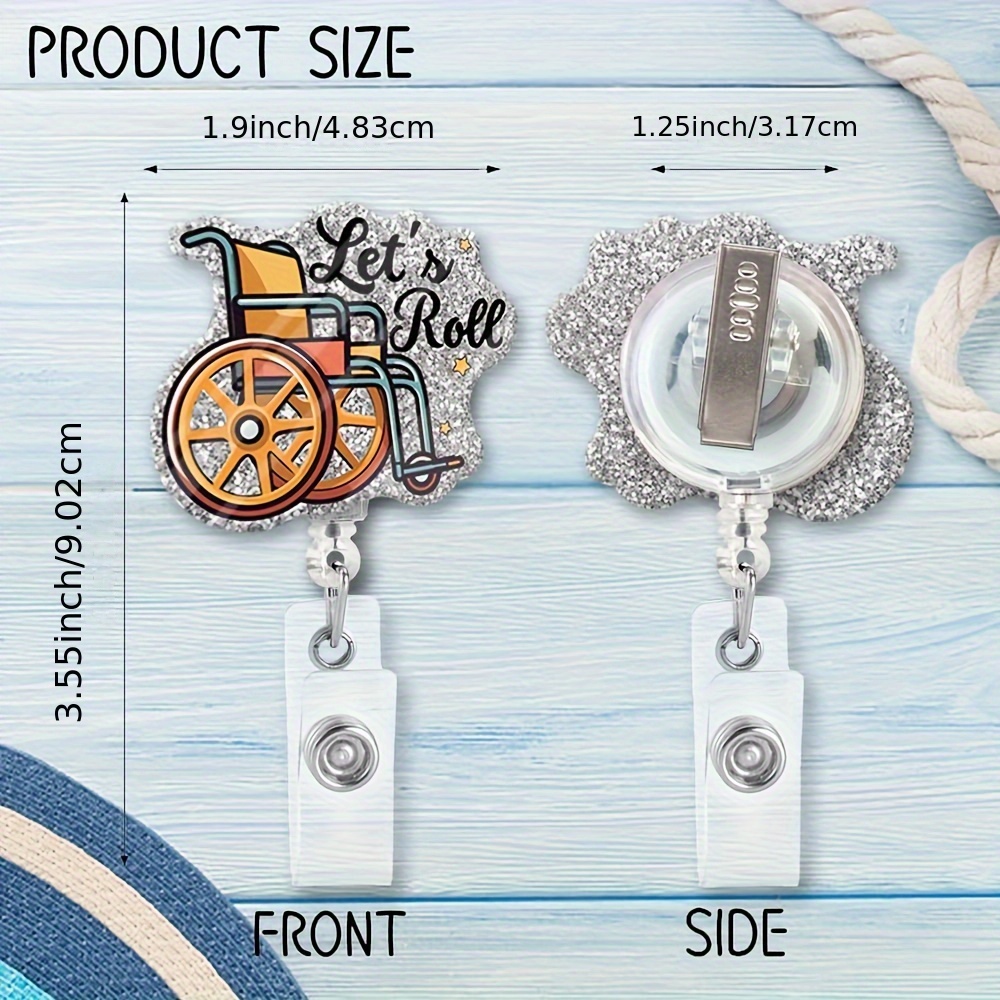 1pc Glittery Wheelchair Let's Roll Retractable Badge Reel,Funny Acrylic Name  Badge Holder With ID Clip For Nurse Doctor Student