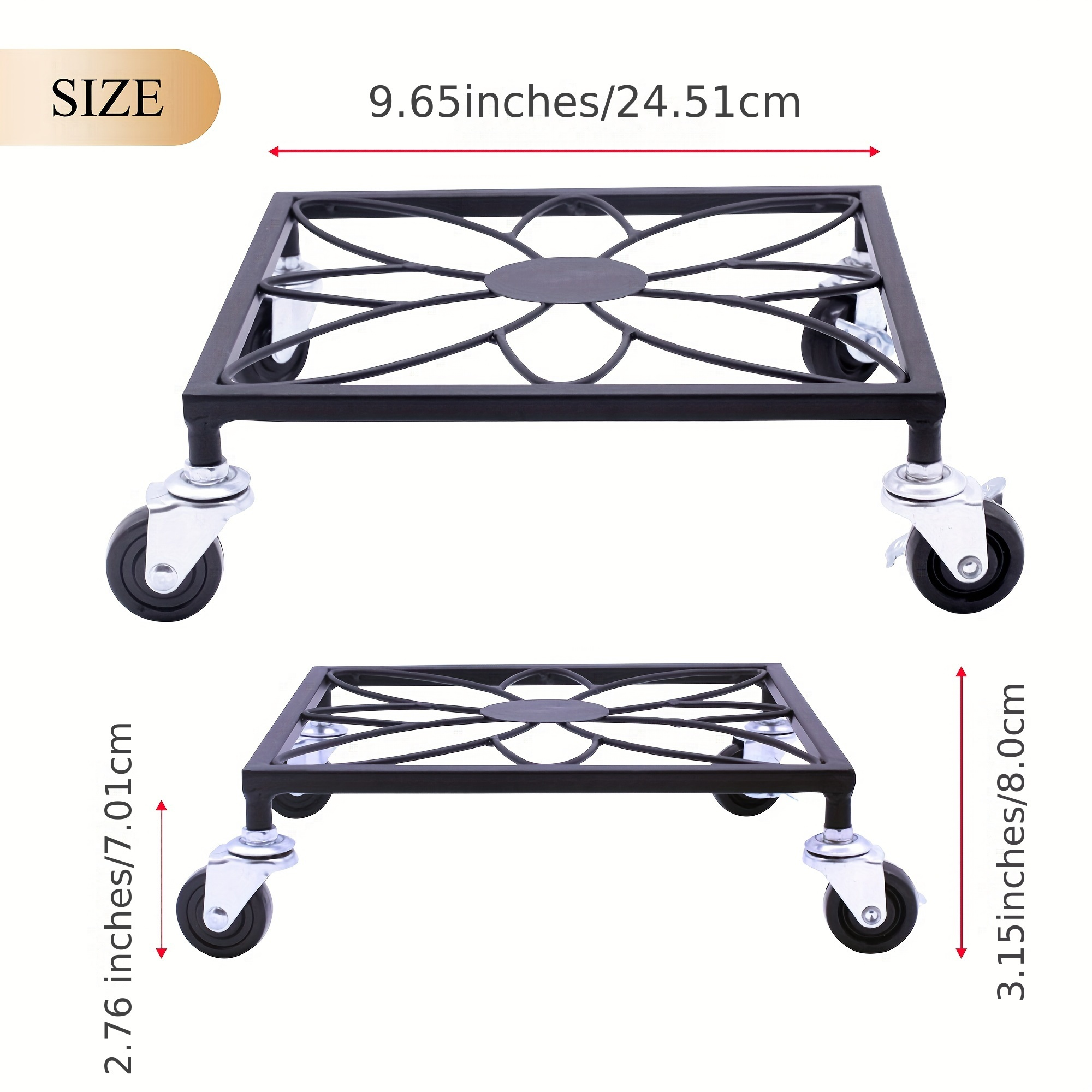 2 pcs set gold black metal plant stand with wheels round pattern plant caddy heavy duty plant pot stand for indoor outdoor