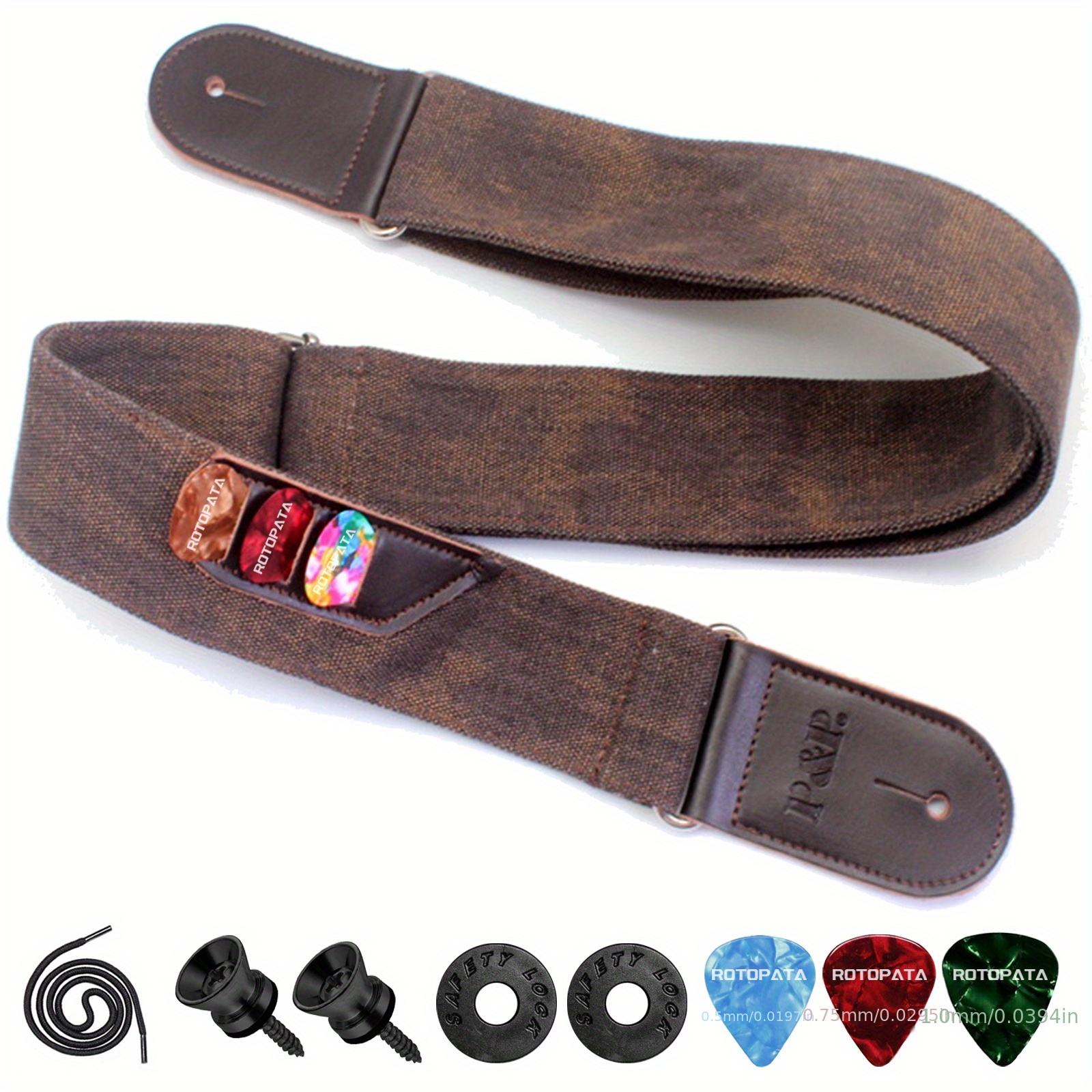 Wide Leather Guitar Strap for Guitar or Bass with Pick Holder - Dark Brown