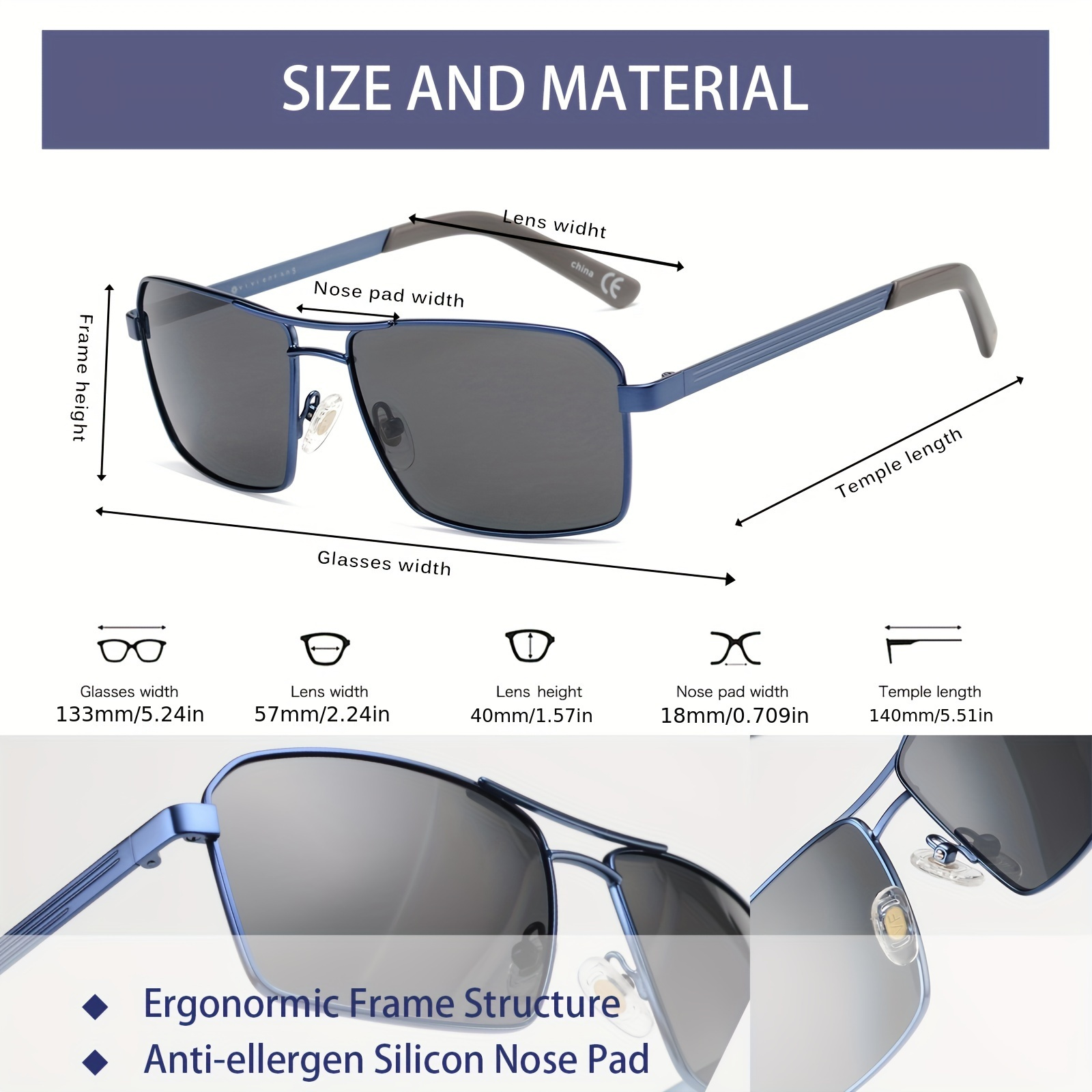 OUWEN Vintage Rectangular Frame Polarized Aviator Sunglasses for Men, UV Protection, Including Drawstring Bag & Lens Cloth,Temu