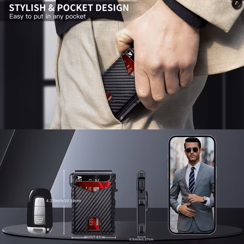 billetera delgada para hombre con bloqueo rfid y tarjetero -up - diseño minimalista ultrafino de aluminio, de fibra de carbono negra, organizador multicompartimento para tarjetas de crédito y , transporte para desplazamientos y viajes, clip de seguridad para dinero y protección antirrobo, billetera para hombre calidad, billetera para hombre calidad, billetera para hombre, billetera delgada para hombre, billetera para hombre, billetera minimalist Detalles del producto 5