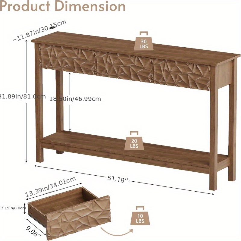 Kinder King 51 Inch Modern Console Table Farmhouse Entryway Table with 3 Drawers Narrow Wood Entry Way Table with Open Storage Shelf Long Sofa Table Behind Couch for Hallway, Foyer, Living Room, Walnut