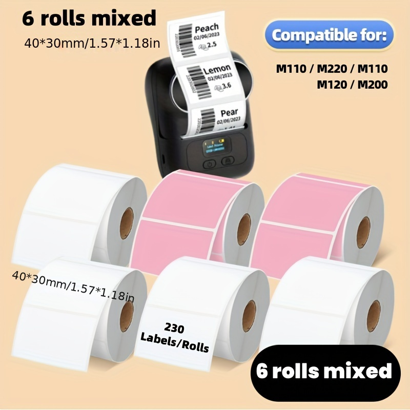 

6pcs Mixed 230 Stickers/roll - 1.57"x1.18"(40x30mm) Stickers, M110/m221/m220/m120/, Barcode/address/postage//business/ 4 Rolls White + 2 Rolls Pink