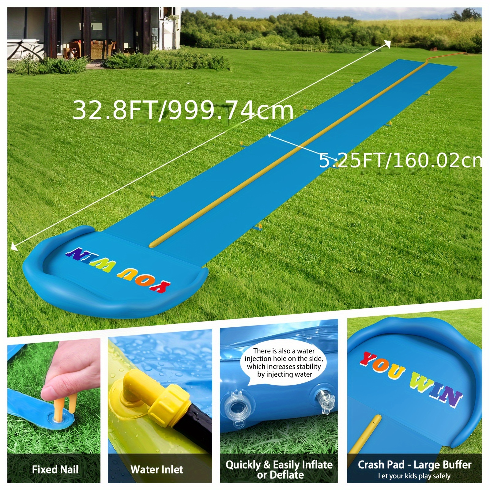 10m Extra Long Water Slide, 32.8ft Inflatable Splash Water Slip with 2 Racing Lanes and 2 Body Boards for Kids Boys Girls Adults Outdoor Summer Water Toys