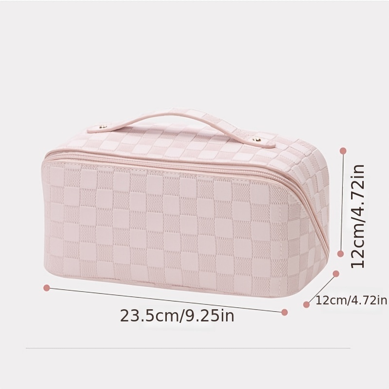 cirea Brown Large Capacity Travel Cosmetic Bag Plaid Checkered Makeup Bag PU Leather Waterproof Skincare Bag with Handle and Divider (Classic White)