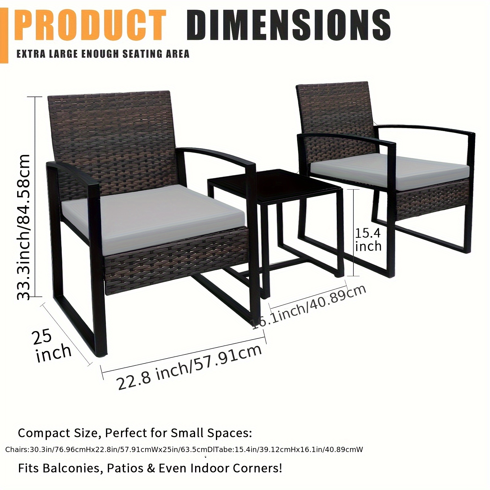 3pcs Patio Bistro Set, Wicker Outdoor Furniture Set, Modern Rattan Patio Chairs with Coffee Table, Patio Conversation Sets for Balcony, Front Porch, Garden, Poolside, Gray Cushions