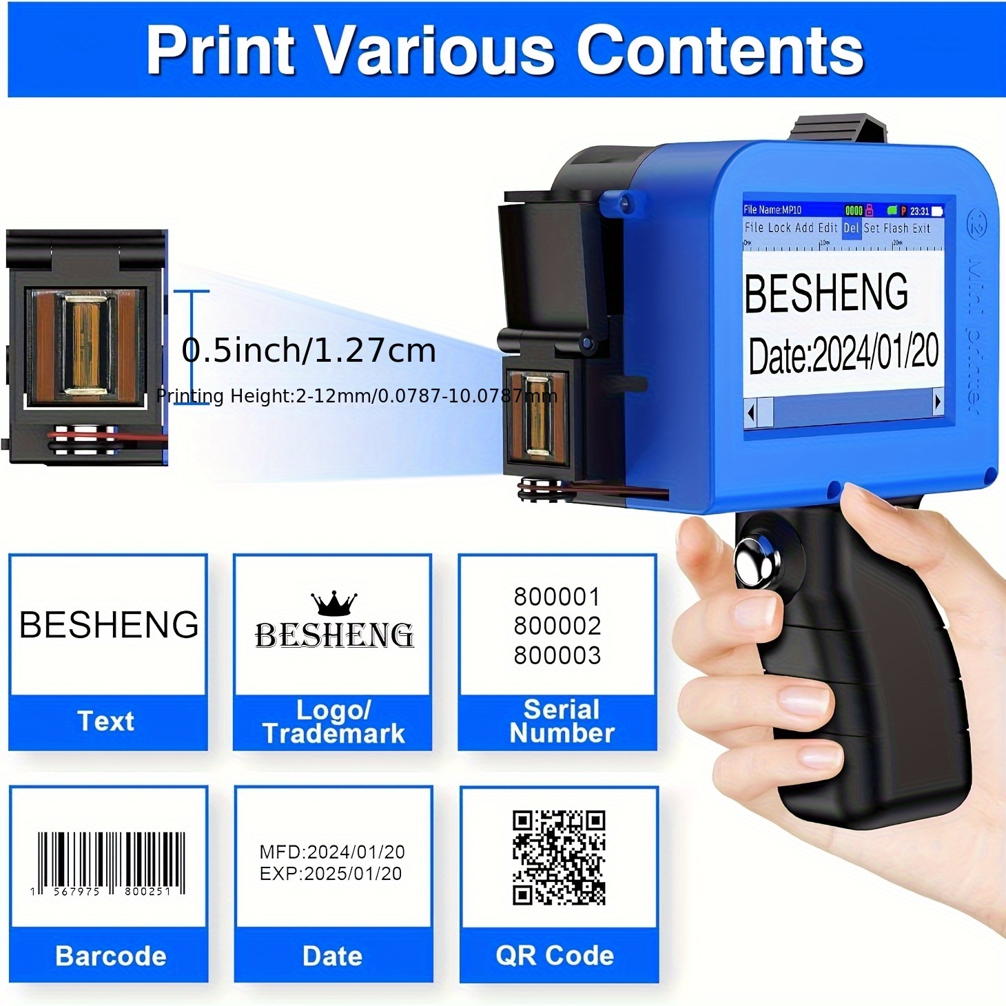 Imprimante Jet D’encre Portable MINI E98 - Écran Tactile 2,8 Pouces, Buse 12,7 Mm, Impression Texte Codes-barres QR, Autonome