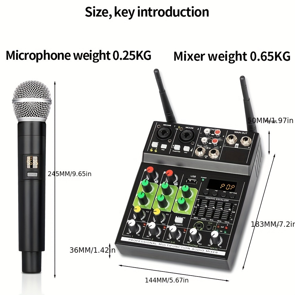 Professional Audio Mixer: Wireless Dual Microphone USB Rec DJ Console With  The GT4 4-Channel Mixer, Built-in-Receiver, For Karaoke Stage Recording Stu