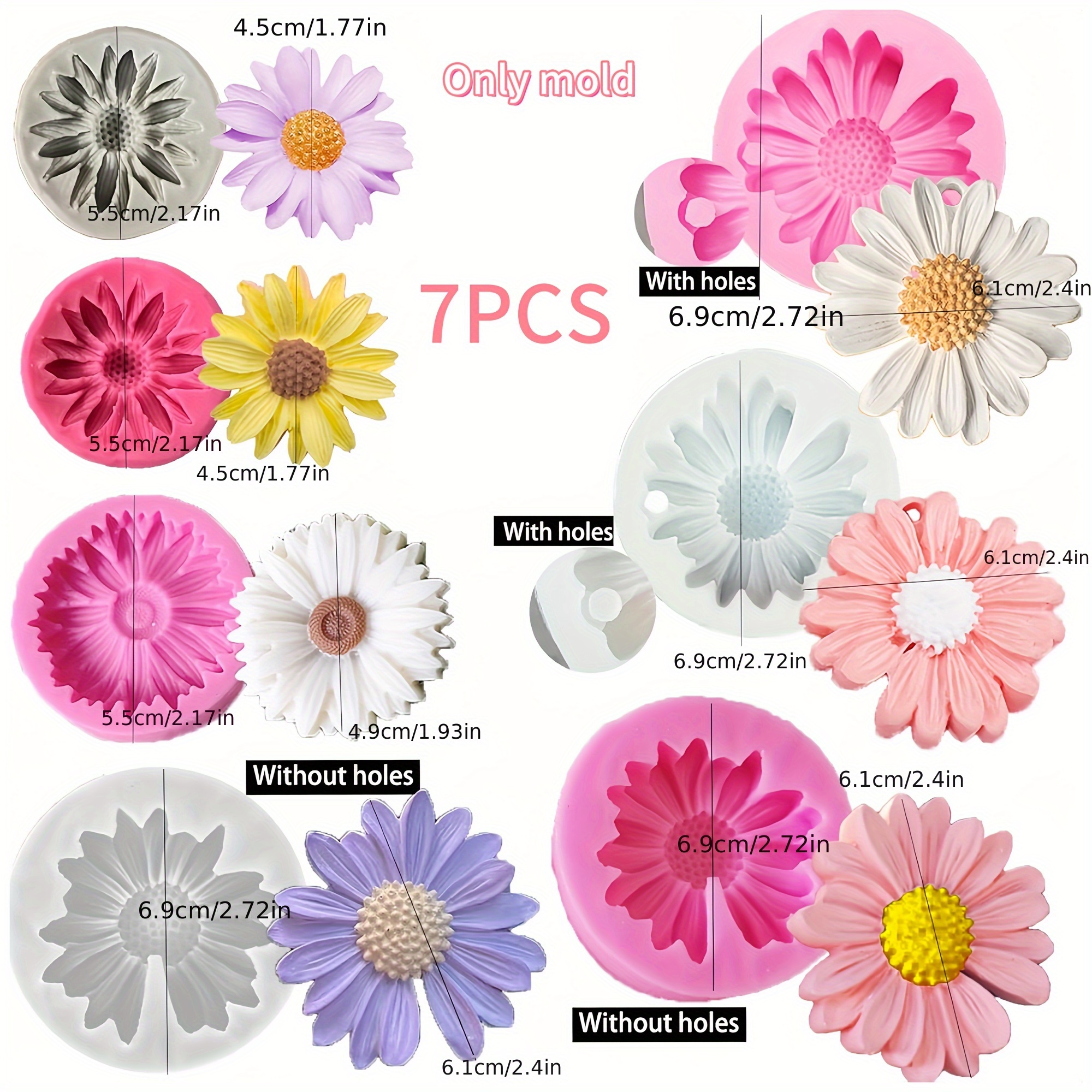 E-shop 7-teiliges Blumen-Silikonschimmelset, Gänseblümchen-Tonform, Kalkschimmel, Kerzenform, Aromawachs-Silikonform, Seifenform, Geeignet für Kerzen,