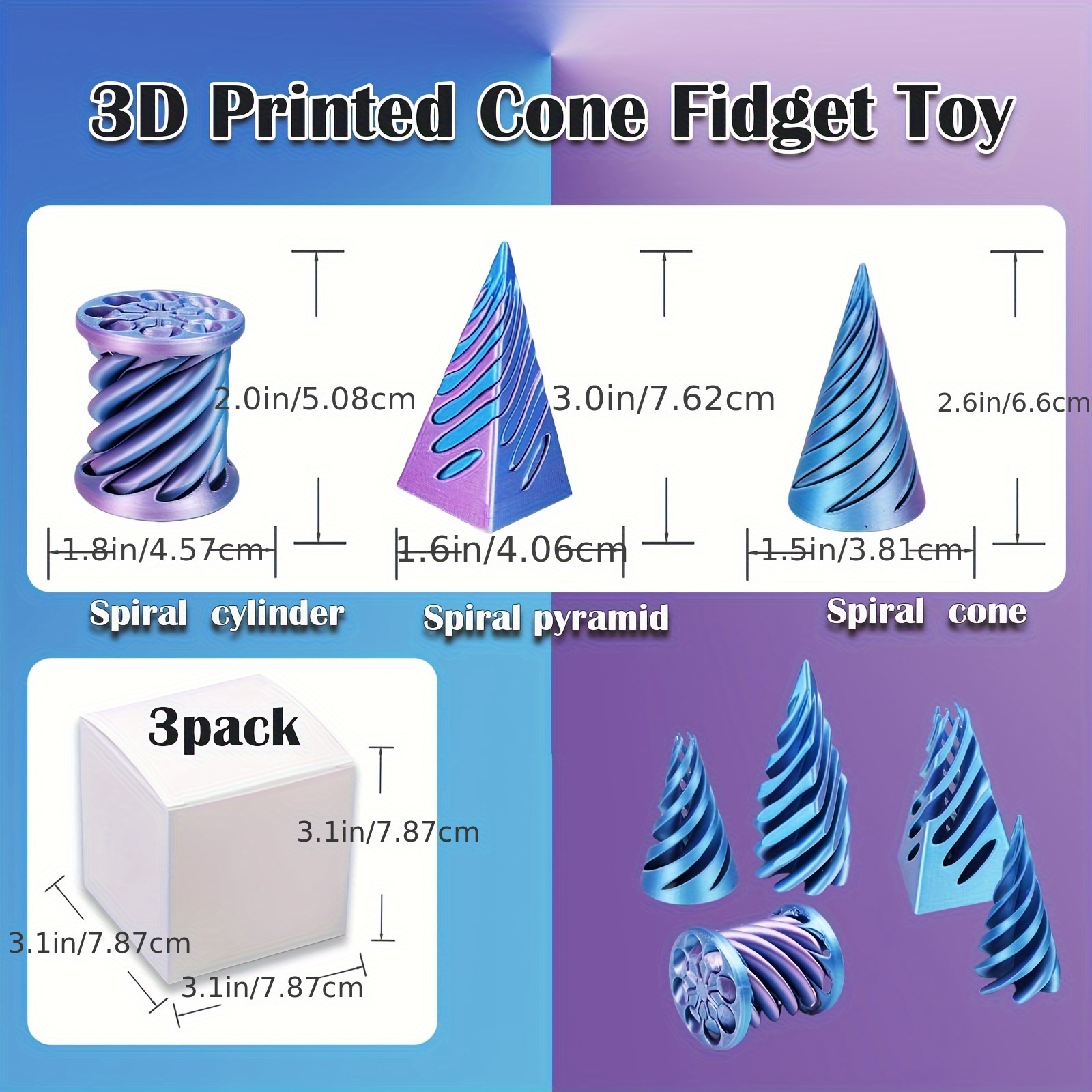 3-Pack Impossible Cone Fidget Ornaments - Spiral Pyramid Desk Decor with Flexible Cone, Relax Office & Home Decoration, Anxiety Relief fidgets in Pastel & Bright Colors (Pink, Blue, Purple, Green, Golden, ) - Ideal Gift for Adults & Teens, Focus Aid, Playful Design, Smooth Finish, Focus Tool, Work From Home