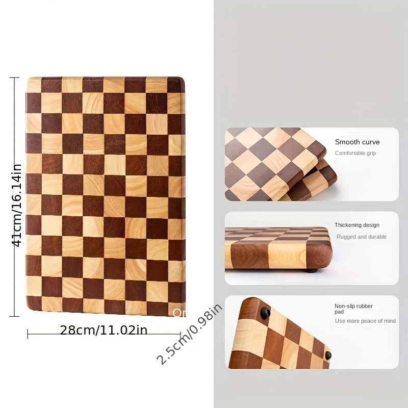 1pc premium oak wood cutting board for kitchen thick     with checkerboard design ideal for chopping vegetables fruits steak   food contact safe multi   details 2