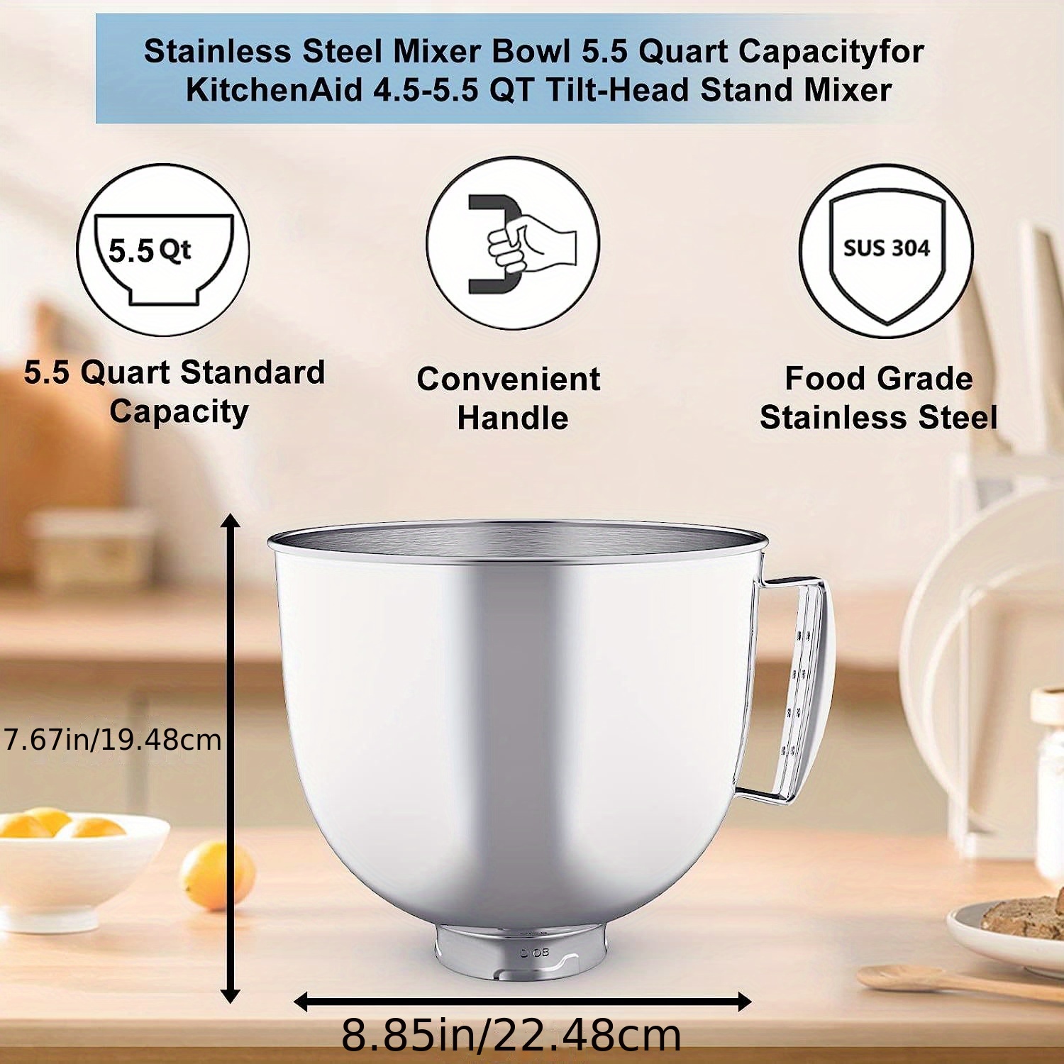 5.5 Quart Stainless Steel Mixer Bowl for KitchenAid