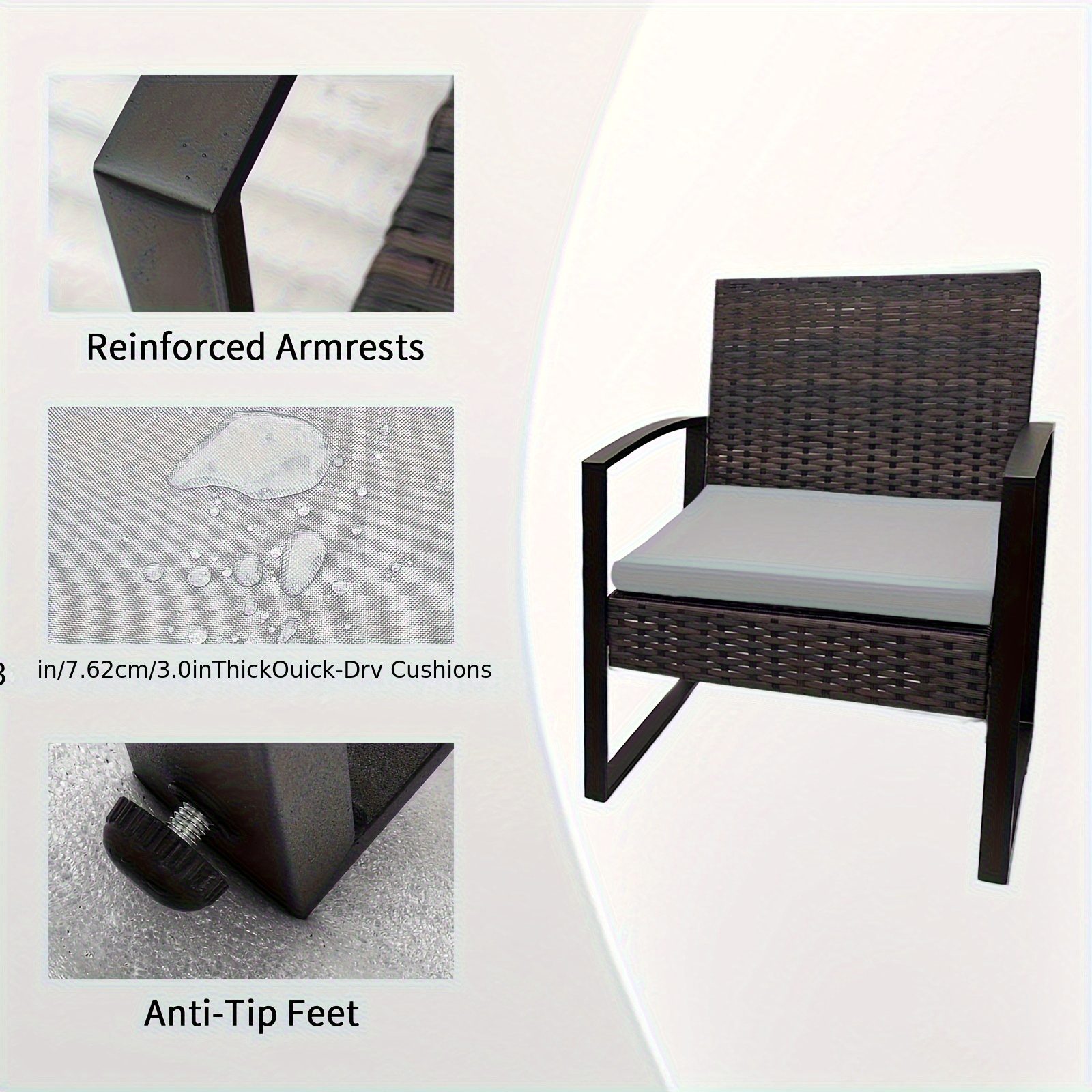 3pcs Patio Bistro Set, Wicker Outdoor Furniture Set, Modern Rattan Patio Chairs with Coffee Table, Patio Conversation Sets for Balcony, Front Porch, Garden, Poolside, Gray Cushions