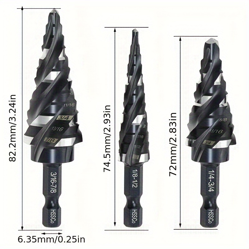 TEMU 3pcs High Speed Steel Step Drill Bit Set, M35 Cobalt Hss Four-edge, Hex Shank, Four-helical Flute Design, 1/8