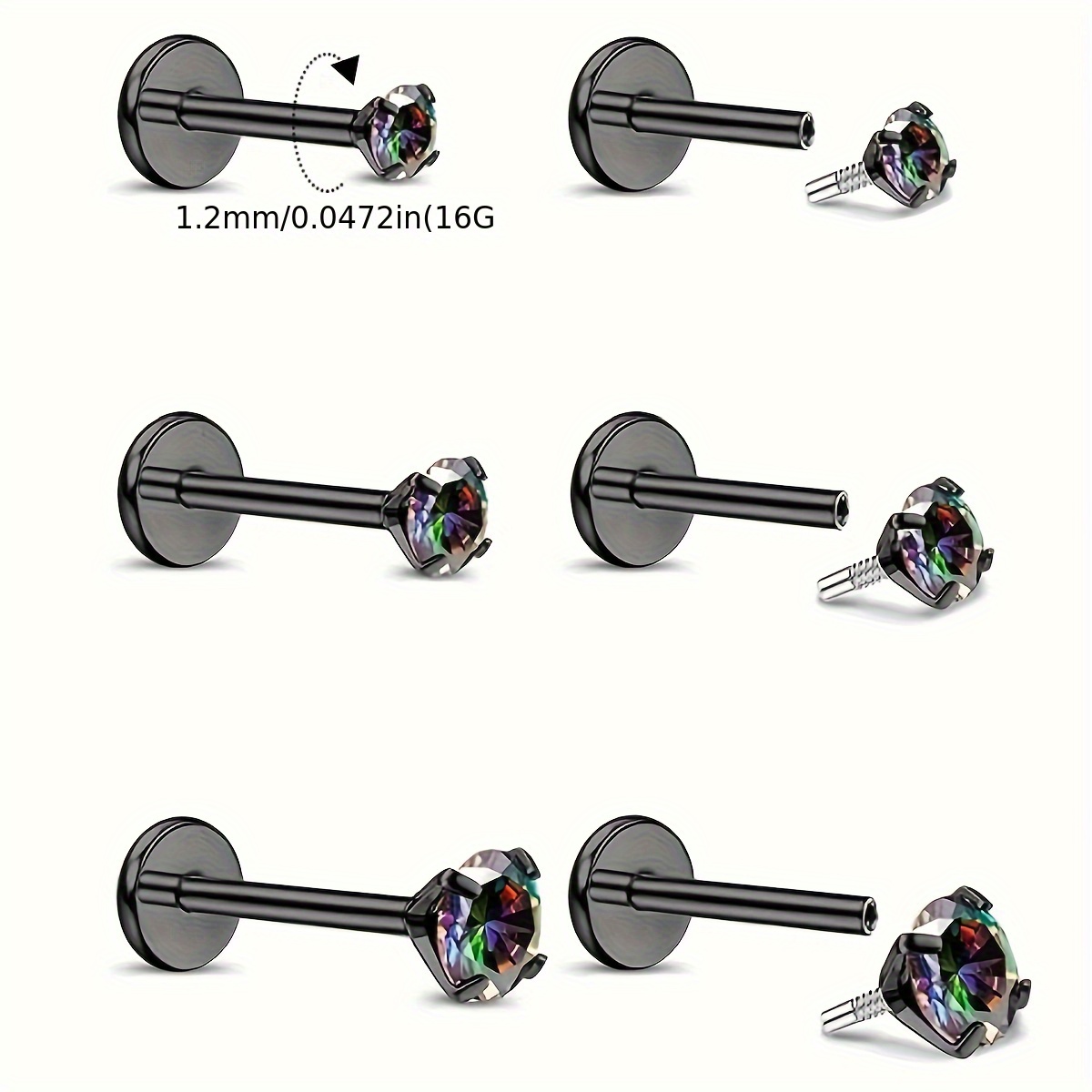 6pcs 16G Flat Back Earrings Studs Cartilage Jewelry 316L Stainless Steel
