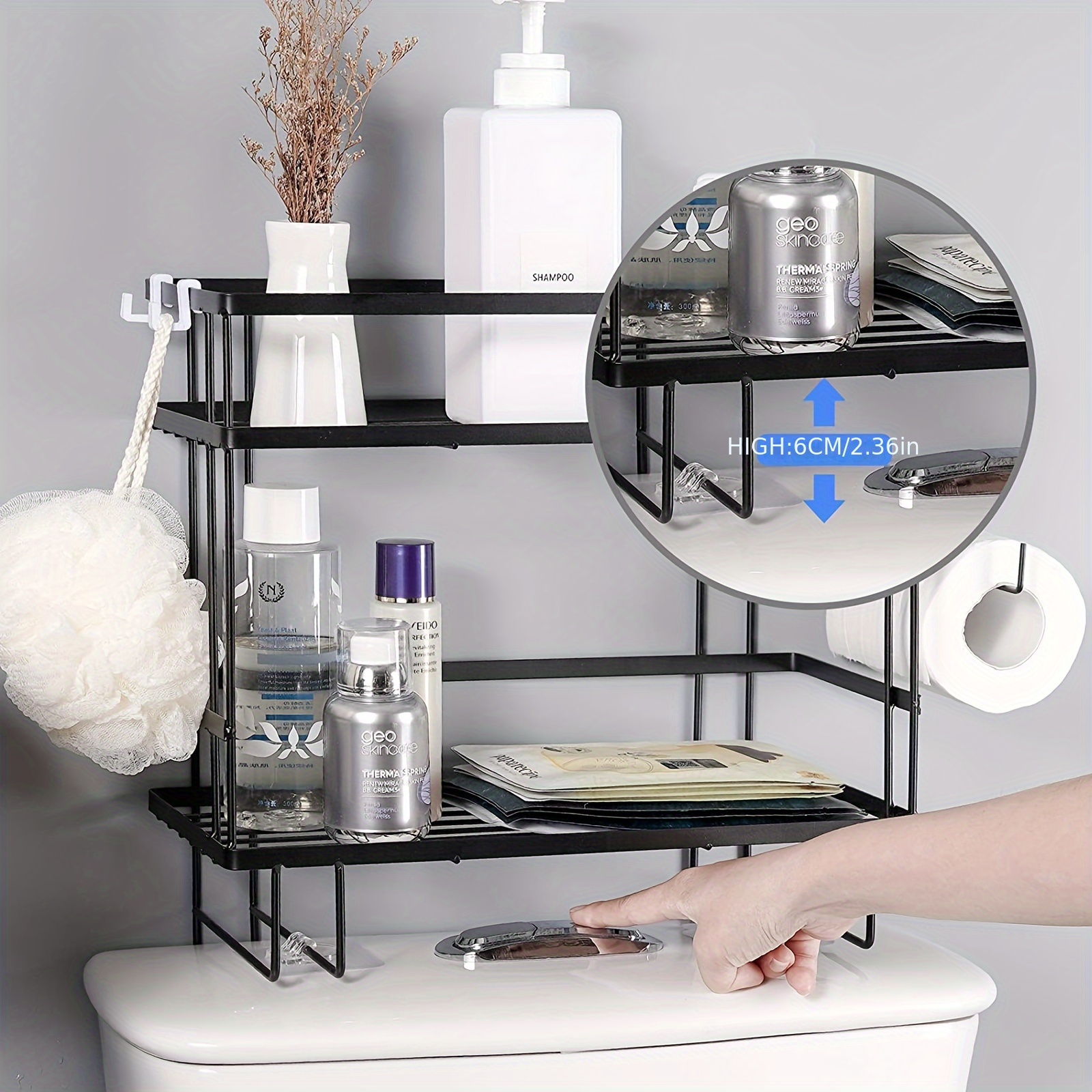 Over The Toilet Storage Shelf, 2-Tier Bathroom Organizer Over Toilet,  Folding Bathroom Space Saver with Toilet Paper Holder and Hooks(Black) 