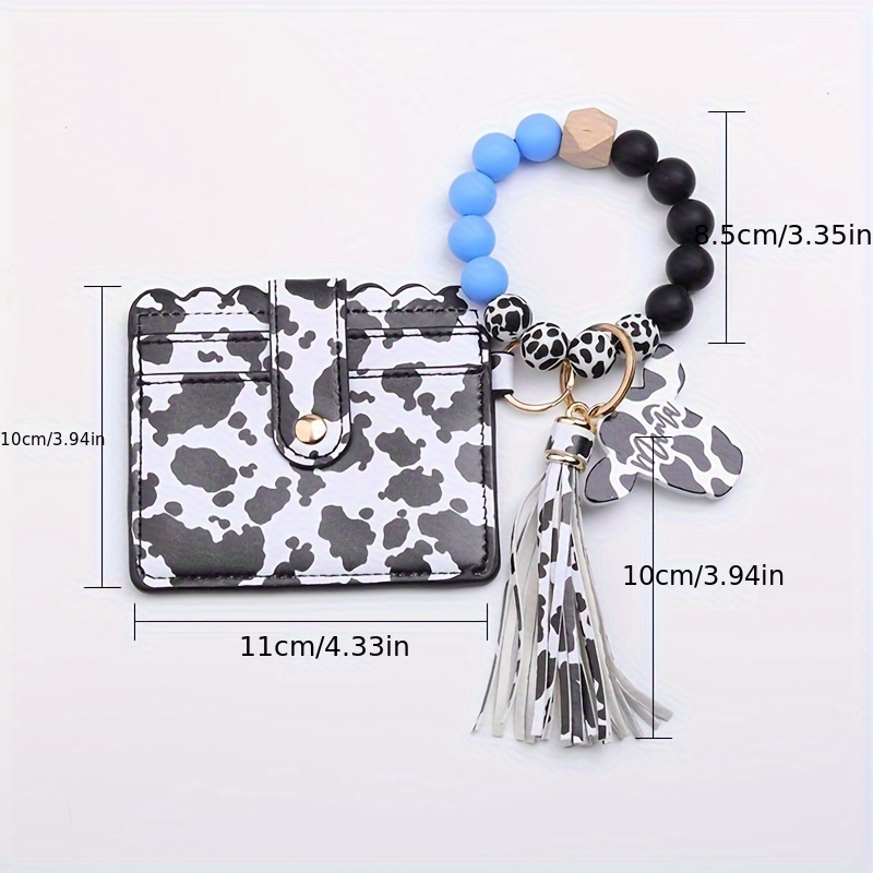 Silicone Beads Wristlet Keychain Pendant With Card Holder Cow Print Beads  Bangle Bracelet Keychain - Temu