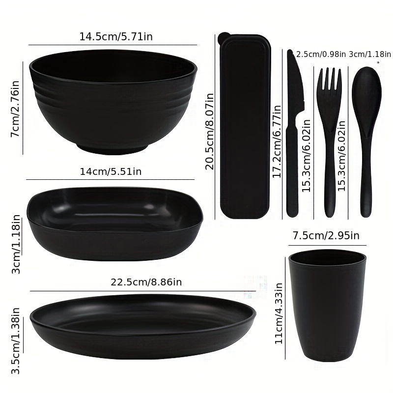 Black plastic and paper plates, napkins, cups, bowls, and utensils