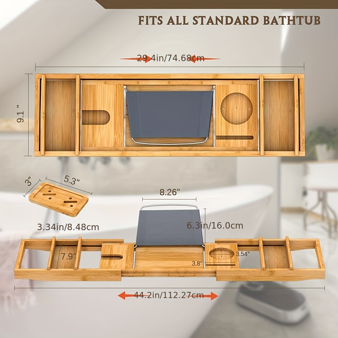 Adjustable Bamboo Bath Caddy Tray With Free Soap Dish - Perfect For Spa,  Reading, And Organizing Bathroom Essentials - Temu