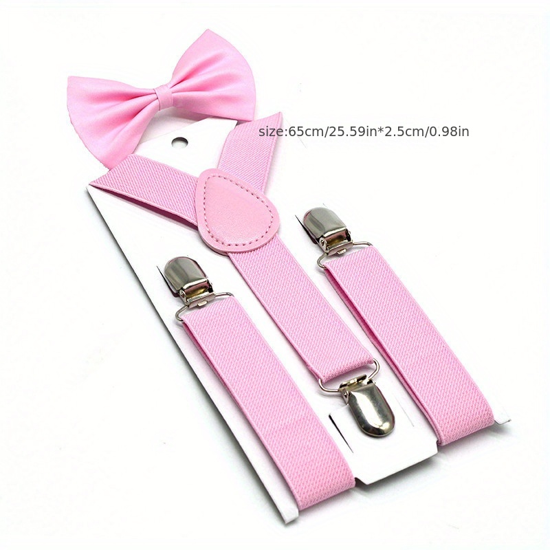 Boys and Girls Universal Solid Color 3-Clip Y-Style Suspenders and Bow Tie Set Youngsters's Suspenders + Bow Tie Two-Piece Set