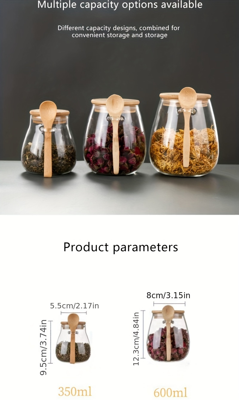 one sealed glass jar with a bamboo lid featuring a wide opening and leak proof design   with a spoon and is reusable   suitable for storing coffee beans tea   dried fruits and more   in three sizes 350ml 11 9oz 600ml 20 4oz and 1000ml 34 1oz details 4