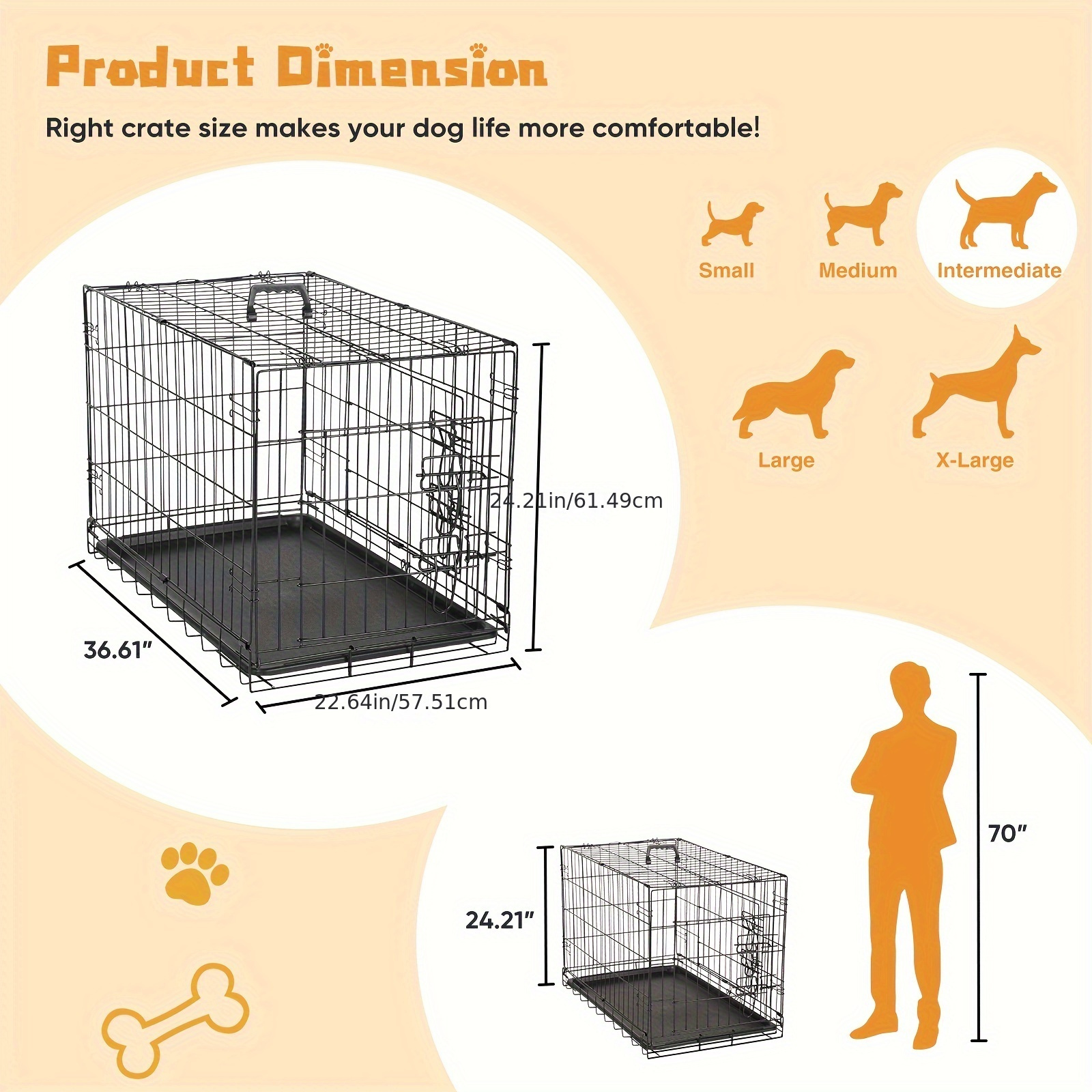 TEMU Dumos 36 Inch Dog Cage Reversible Double Sided Door, Sturdy Latch With Divider Panel And Plastic Leak-proof Pan Tray, Foldable Easy To Carry, Portable Handel Rounded Corners For Safety