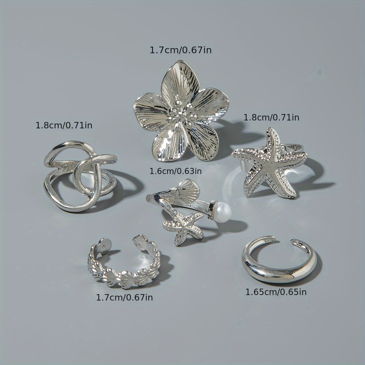 6pcs Boho Starfish Scallop Bead Rhinestone Ring Set