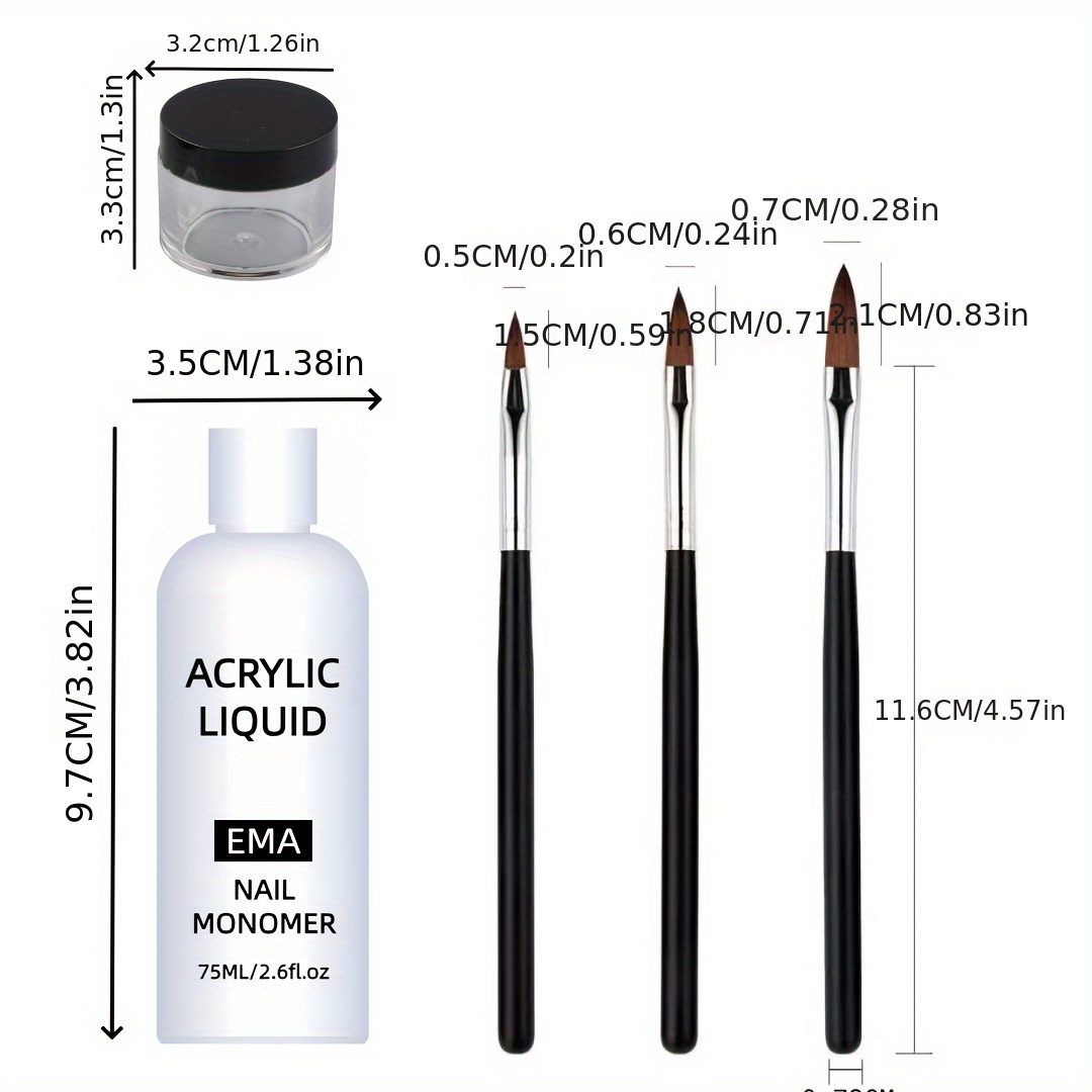 

odorless" 5-piece Acrylic Nail Kit: 75ml Monomer, 3 Brushes & Cup - Professional Low Odor, Non-yellowing For Diy 3d Nail Art Extensions