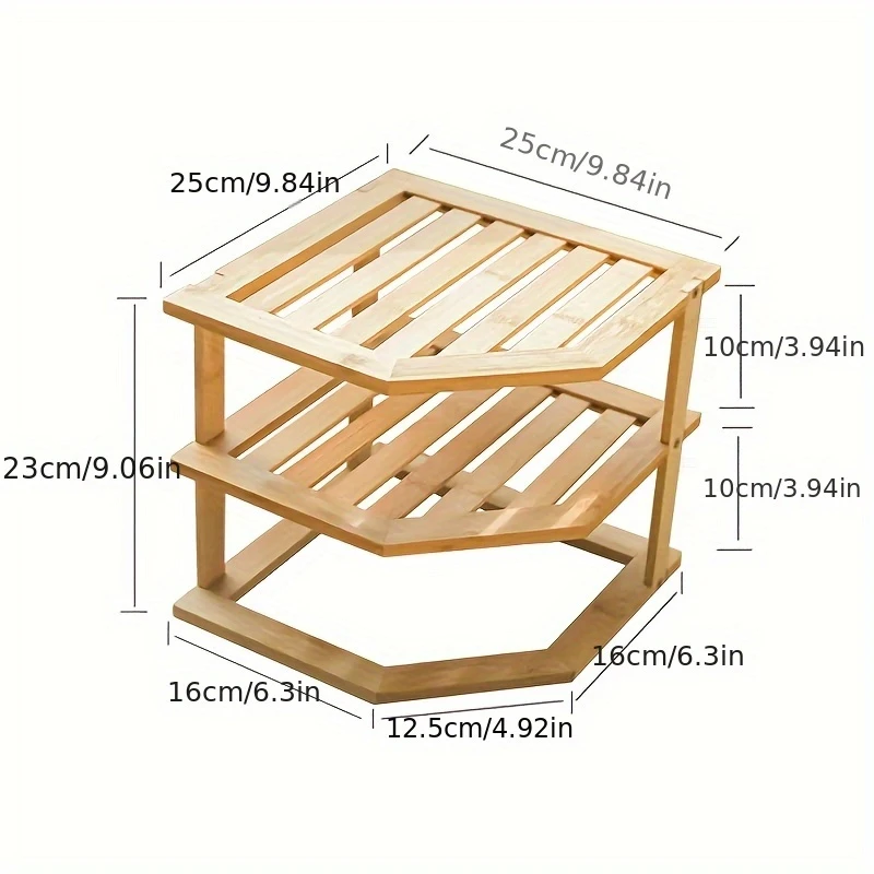 2 tier bamboo desktop organizer shelf for office supplies kitchen spices and home decor multi layer storage rack with natural cosmetics jars and small items office accessory holder triangular shape design polished drawer organizer details 4
