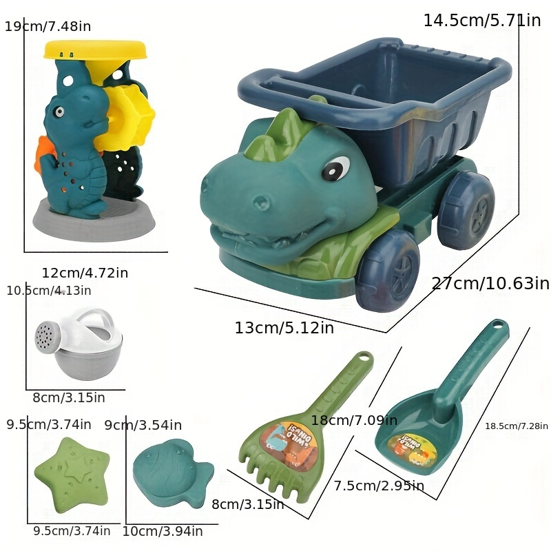 7pcs pack dinosaur beach toy set dump truck watering can shovel rake and sand molds sandbox toys details 3