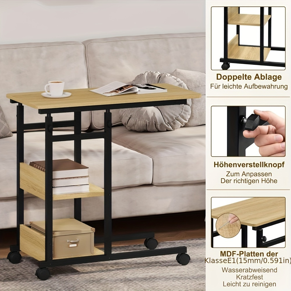 Image of 1pc Coffee Table Side Table Coffee Table Sofa Table Living Room Table Laptop Table Bed Table, , Height-adjustable, On Castors, Made Of Metal And Wood, Light Oak + Black