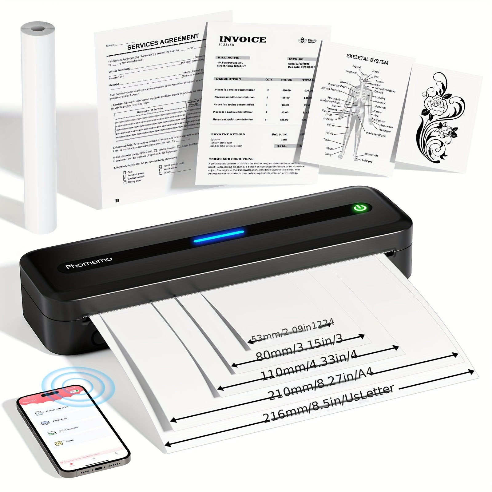 E-shop Tragbarer Thermodrucker, kabellos, kompakt, für Reisen, unterstützt 8,5 x 11 US Letter & A4 Thermopapier, 300 DPI, tintenloser Drucker,