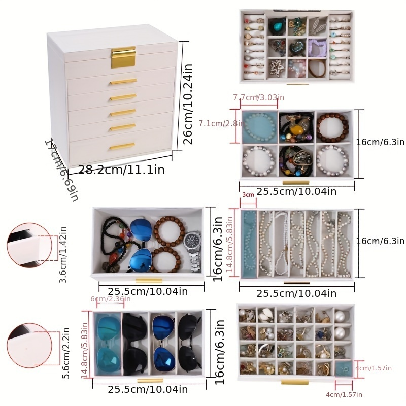 6 layer   leather jewelry organizer box with   large capacity multi drawer storage for necklaces earrings watches glasses soft fabric lined compartments golden handles elegant   jewelry organizer storage necklace display stylish display     fashion enthusiasts Product details 1