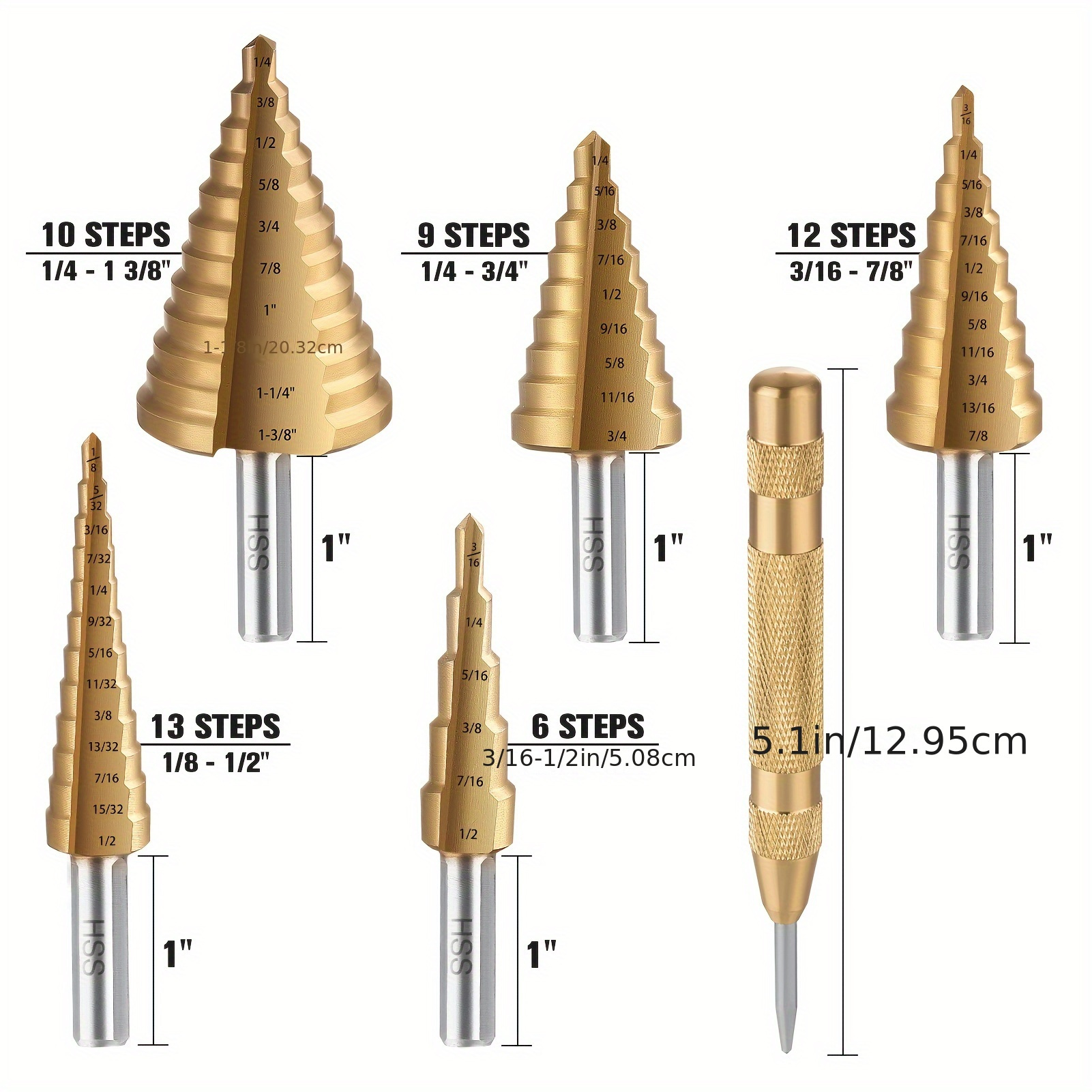 

5pcs Step Drill Bit, Hss Step Drill, Titanium-coated, Automatic Center Punch, 118° X-shaped Split Tip, W/aluminum Case, Step Drill Bits For Metal, Wood & Plastic - Std06a