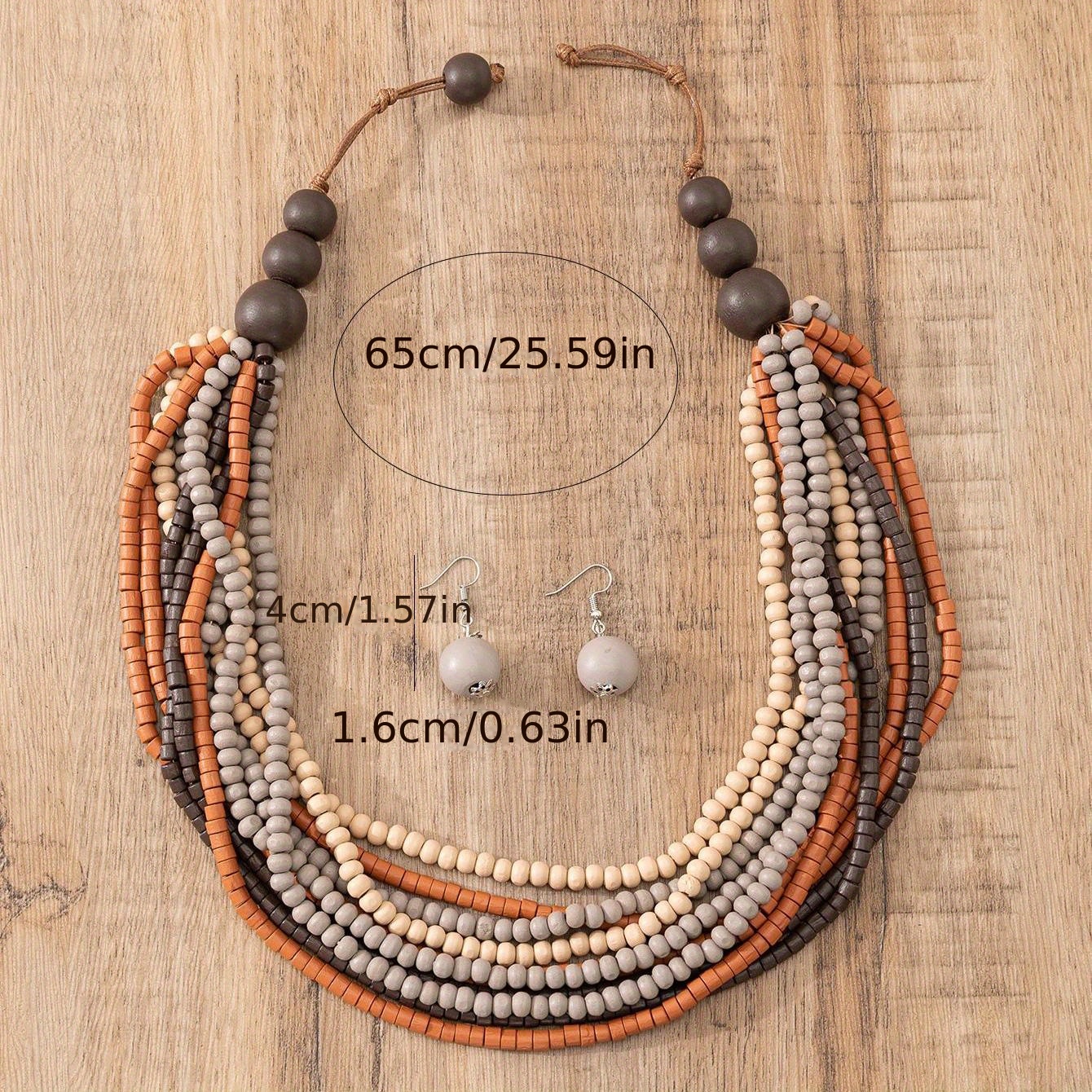 TEMU 3pcs Earrings Plus Necklace Handmade Jewelry Set Made Of Wooden Beads Multi Layer Design Match Daily Outfits Party Accessories Gift For Her