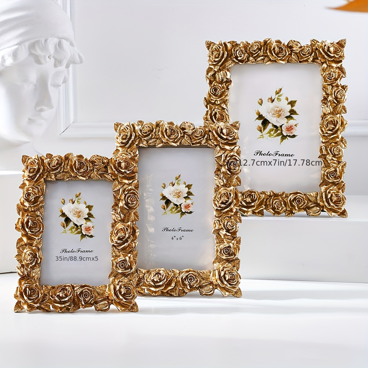 

1pc Classic European Vintage Golden Rose Frame With Random Photo Paper, Horizontal & Vertical, Resin Tabletop Picture Frame For Home Decor, Flower Theme Oblong Orientation