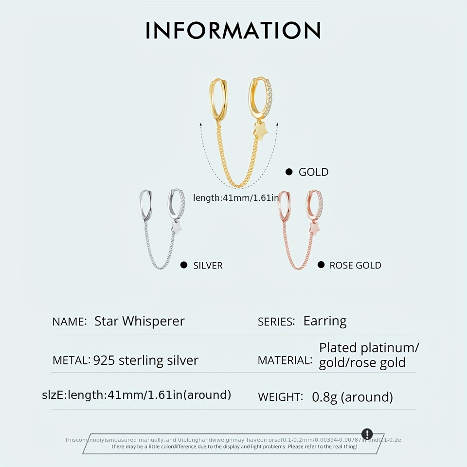 PANPOKI 925 Silver Zircon Star Pentagram Chain Earrings Studs