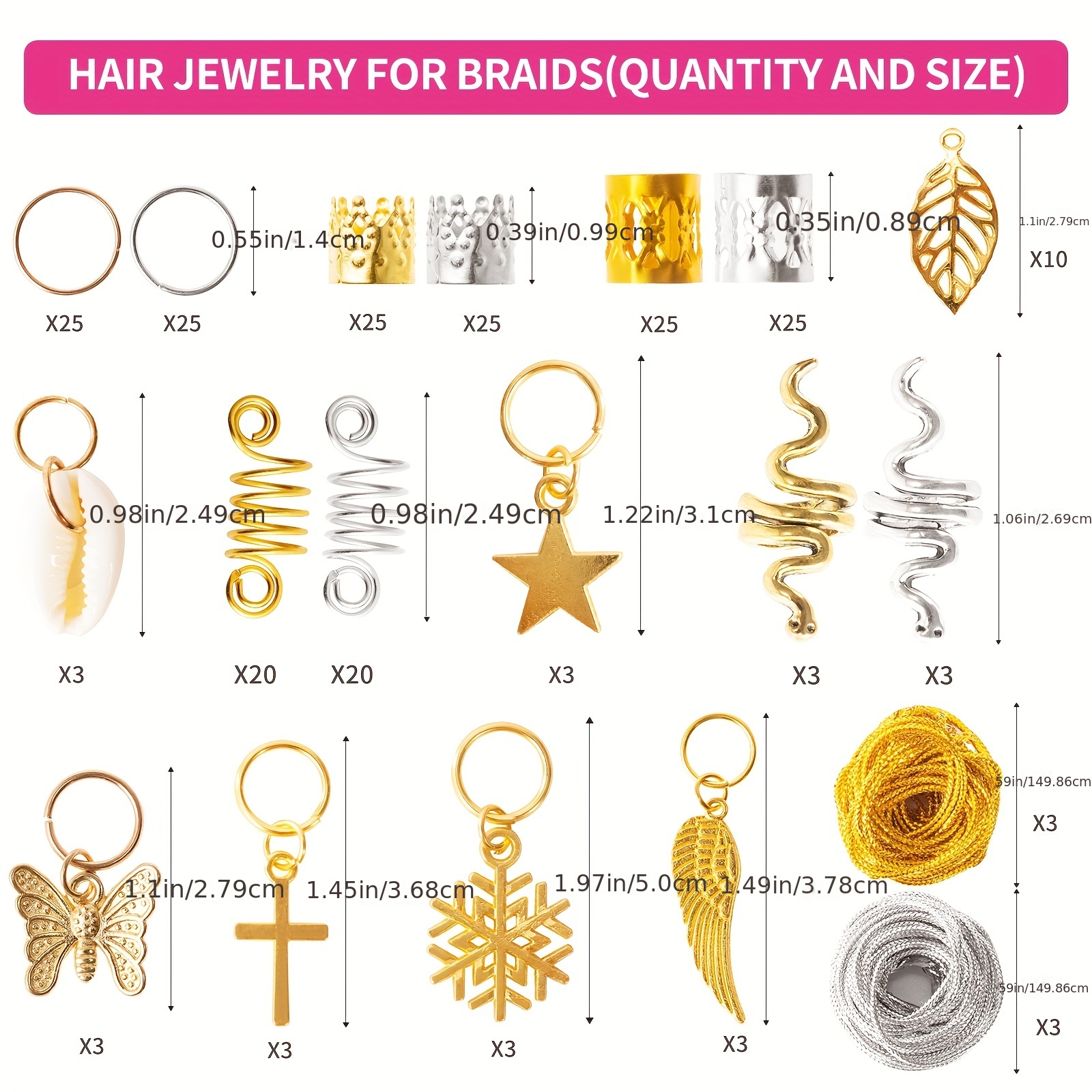 200 Pcs LOC Hair Jewelry for Braids Metal Gold and Silver Hair Charms for Women Hair Beads Rings Cuffs Dreadlocks Accessories Decoration