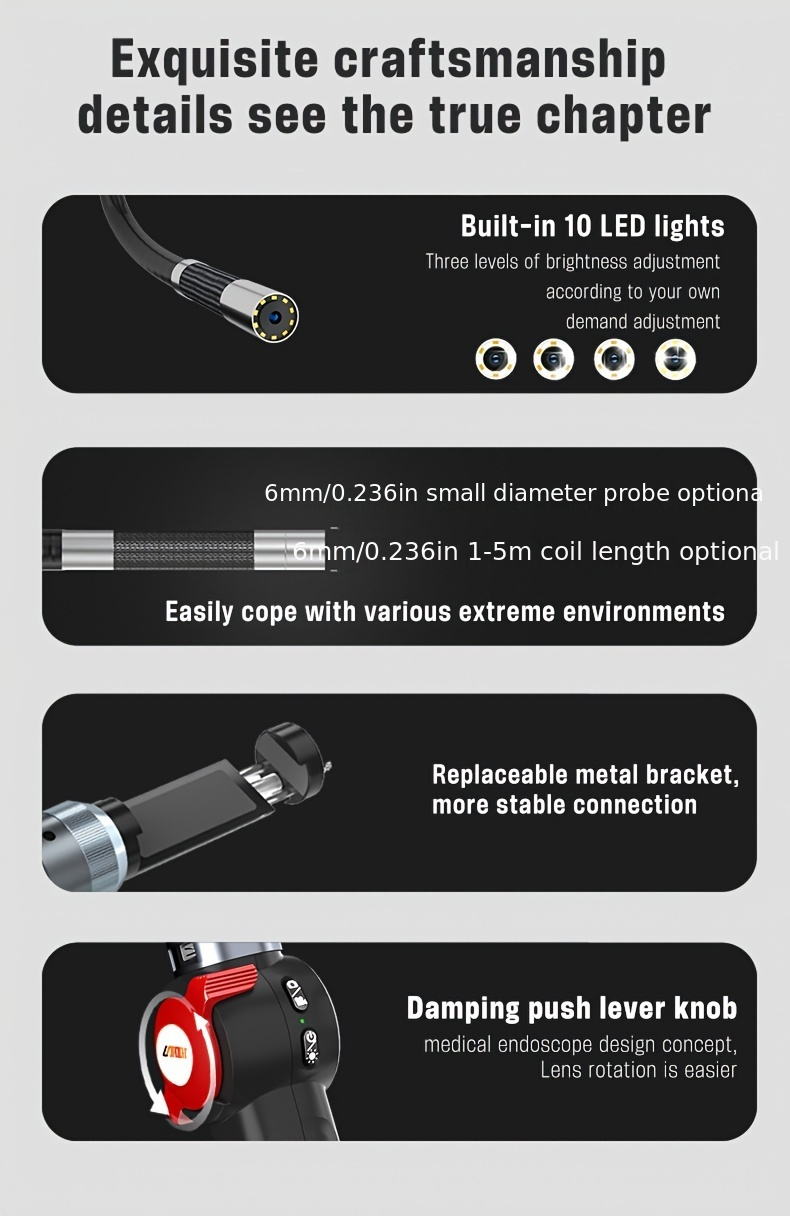 1pc Caméra D'inspection Articulée Borescope, Sonde De Direction Étanche  IP67 Avec Objectif De 8,5 Mm, Caméra D'inspection De Serpent HD 1080P Avec