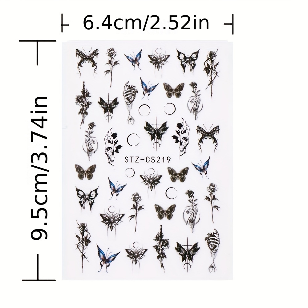 Gothic Nail Art Stickers Self Adhesive Decals Rose Butterfly Skull Designs