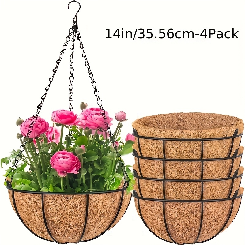 4pcs   14 inch round metal hanging planters basket with coco coir liner black rust resistant indoor outdoor garden decor porch   holders for flowers herbs   hanging baskets for plants outdoor