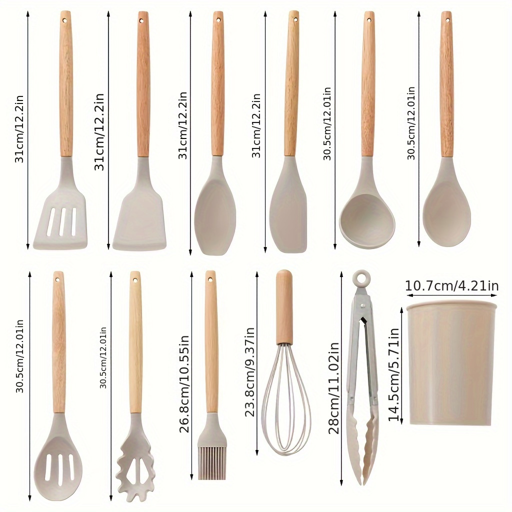 Set utensilios cocina, madera y silicona, 12 piezas