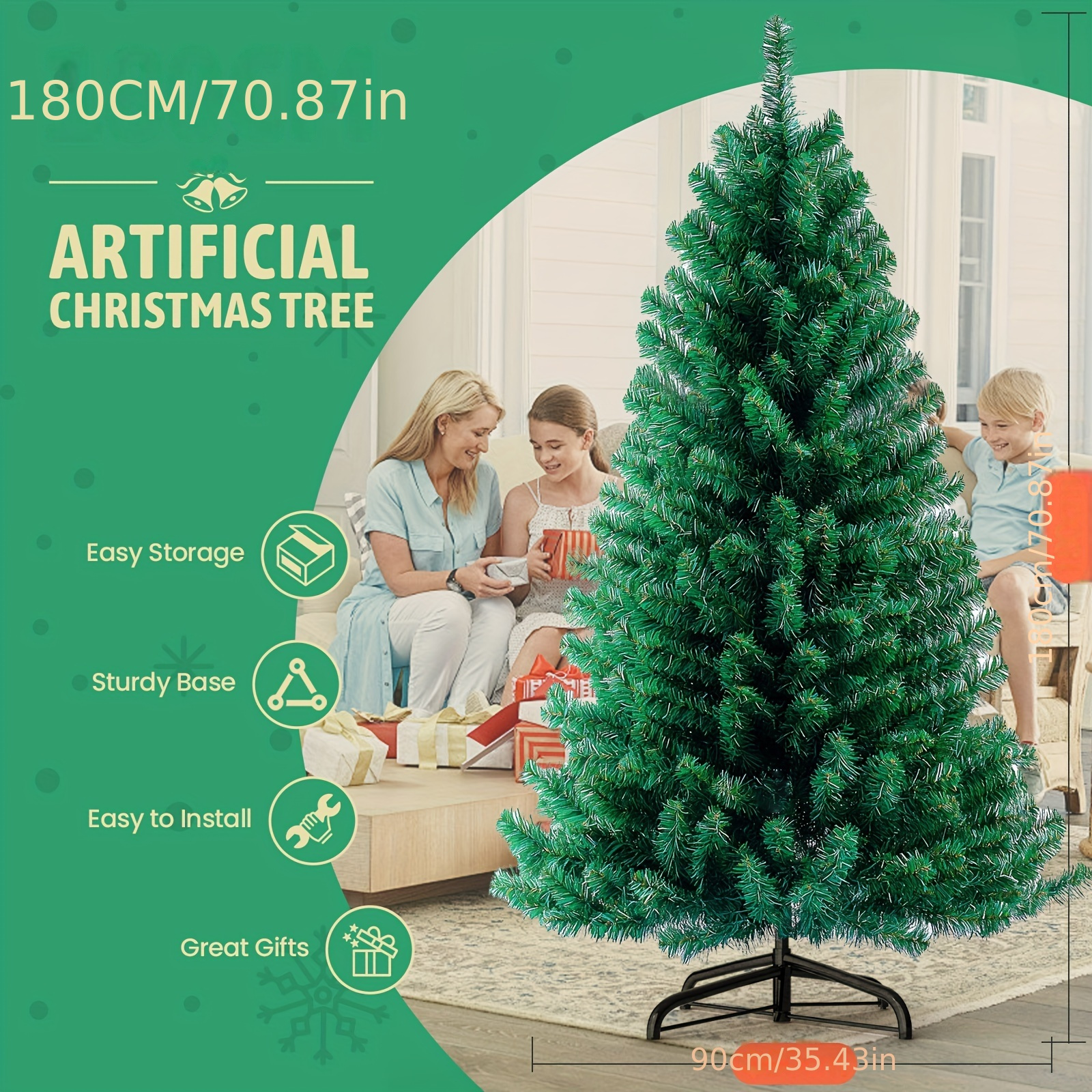 TEMU Albero di Natale artificiale in PVC, artificiale, albero di Natale verde con supporto in metallo per decorazioni domestiche, 120/150/180/210/240
