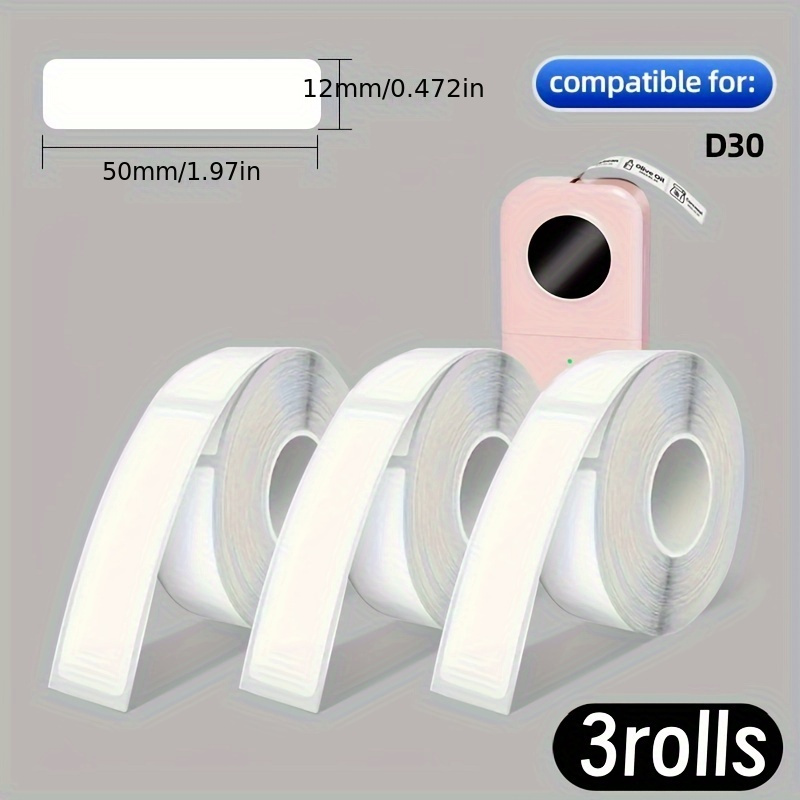 

3 Rolls Of 12x50mm Stickers, 130 Sheets Per Roll White Self-adhesive Sticker, Black Letters On White Background, 12mm * 50mm, Compatible With D30, Suitable For Home, Office, School