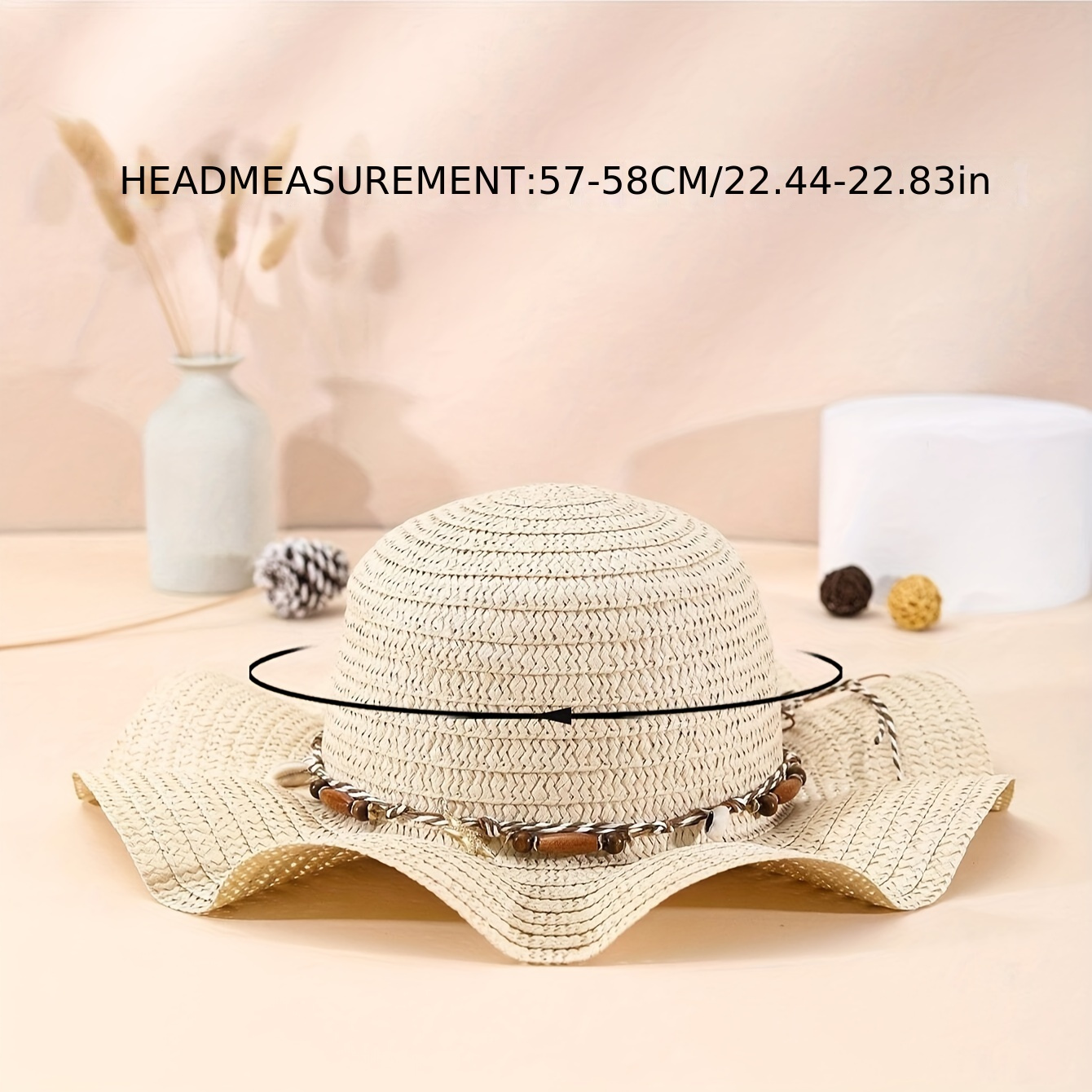 Braided Trim Wide Brim Hat Shell Beads Decor Sun Protection - Temu